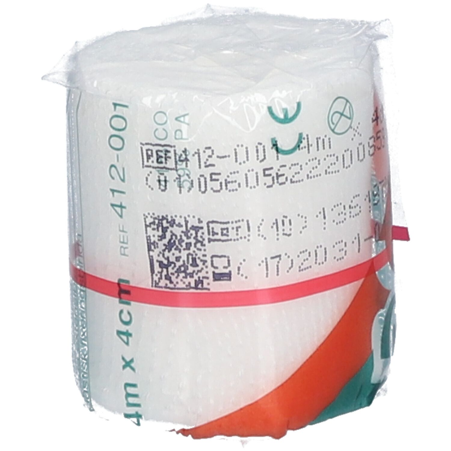 Elastisch fixatieverband, 4 cm breed, verpakt in folie. Rode ring. Bedrukking met info en barcode.
