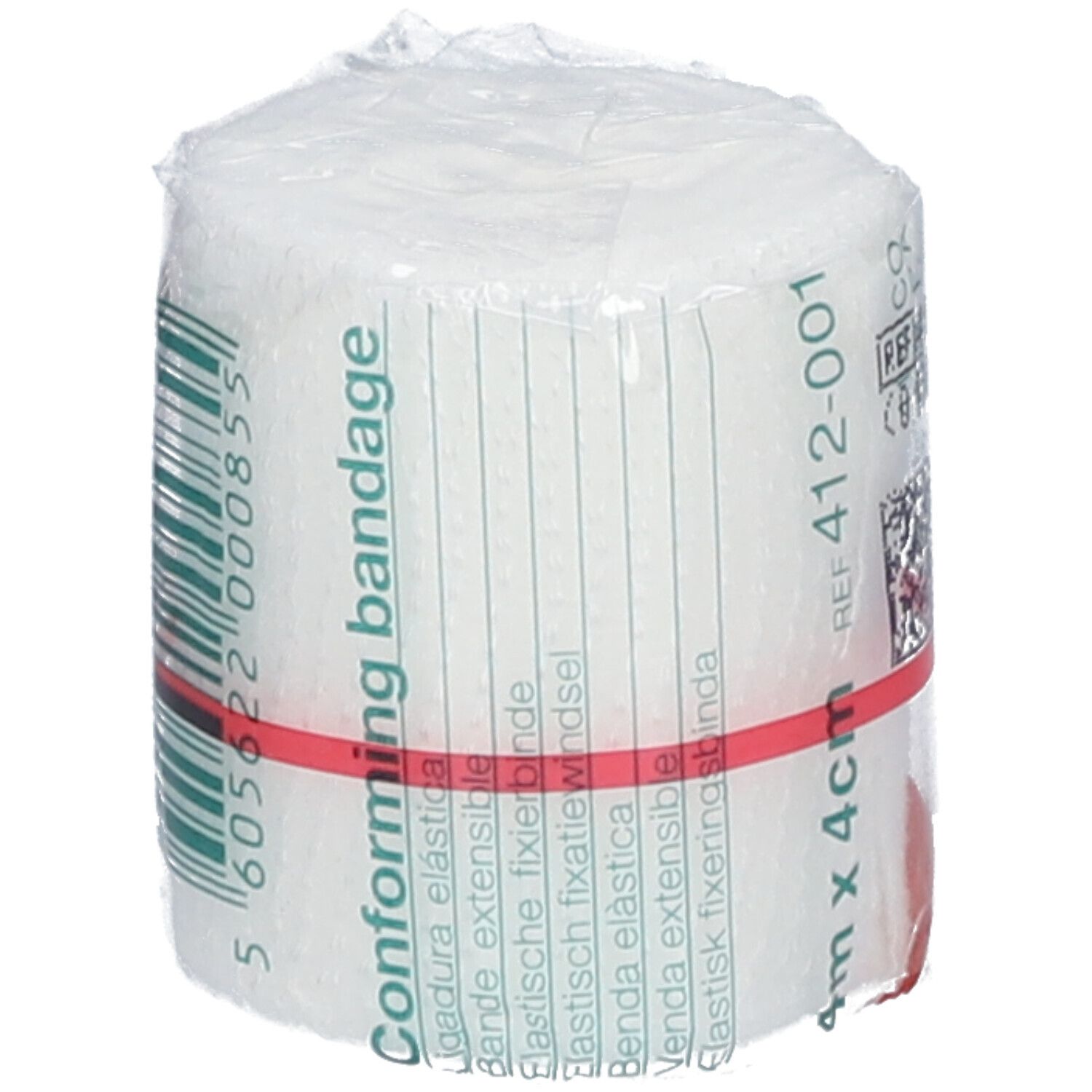 Elastisch fixatieverband, 4 cm breed, verpakt. Rode ring. Opdruk: Conforming bandage.