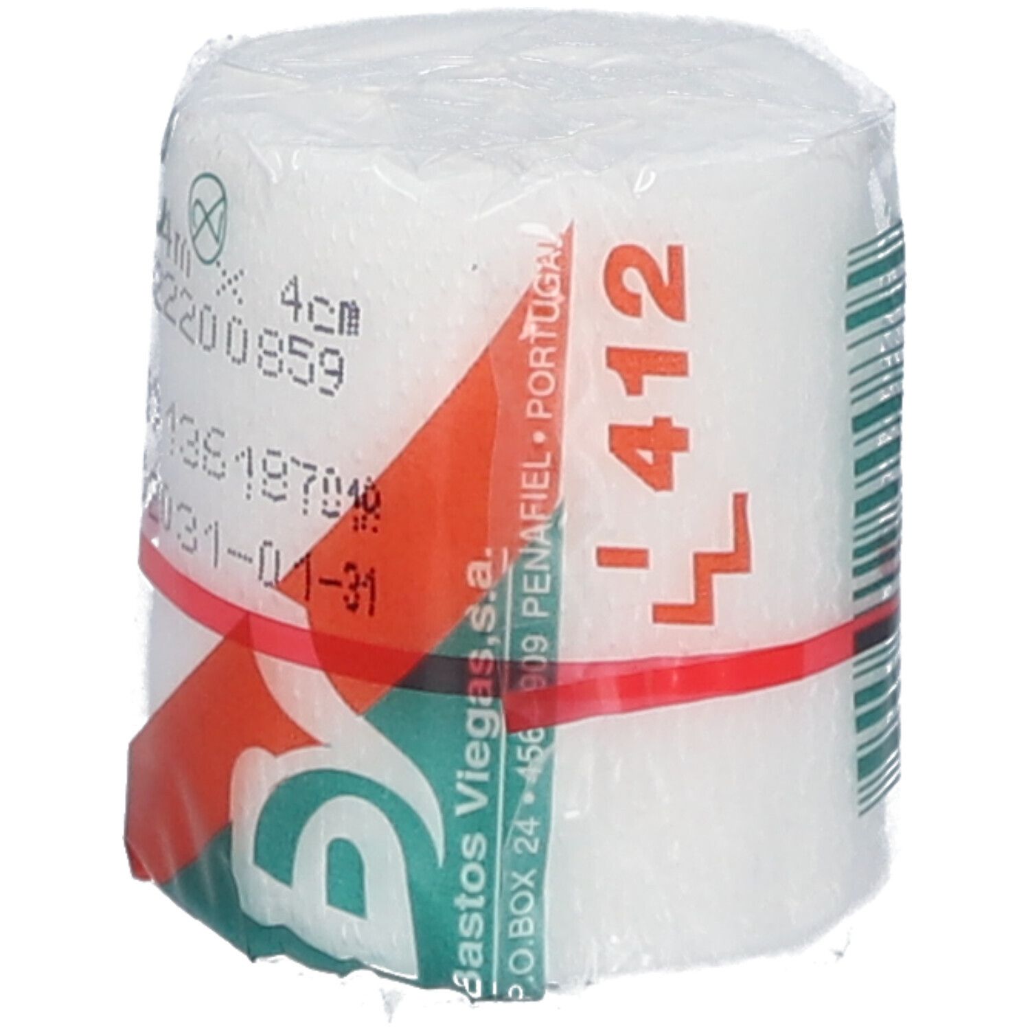 Elastisch fixatieverband, 4 cm breed, verpakt. Rode ring. Bedrukking met productinfo.