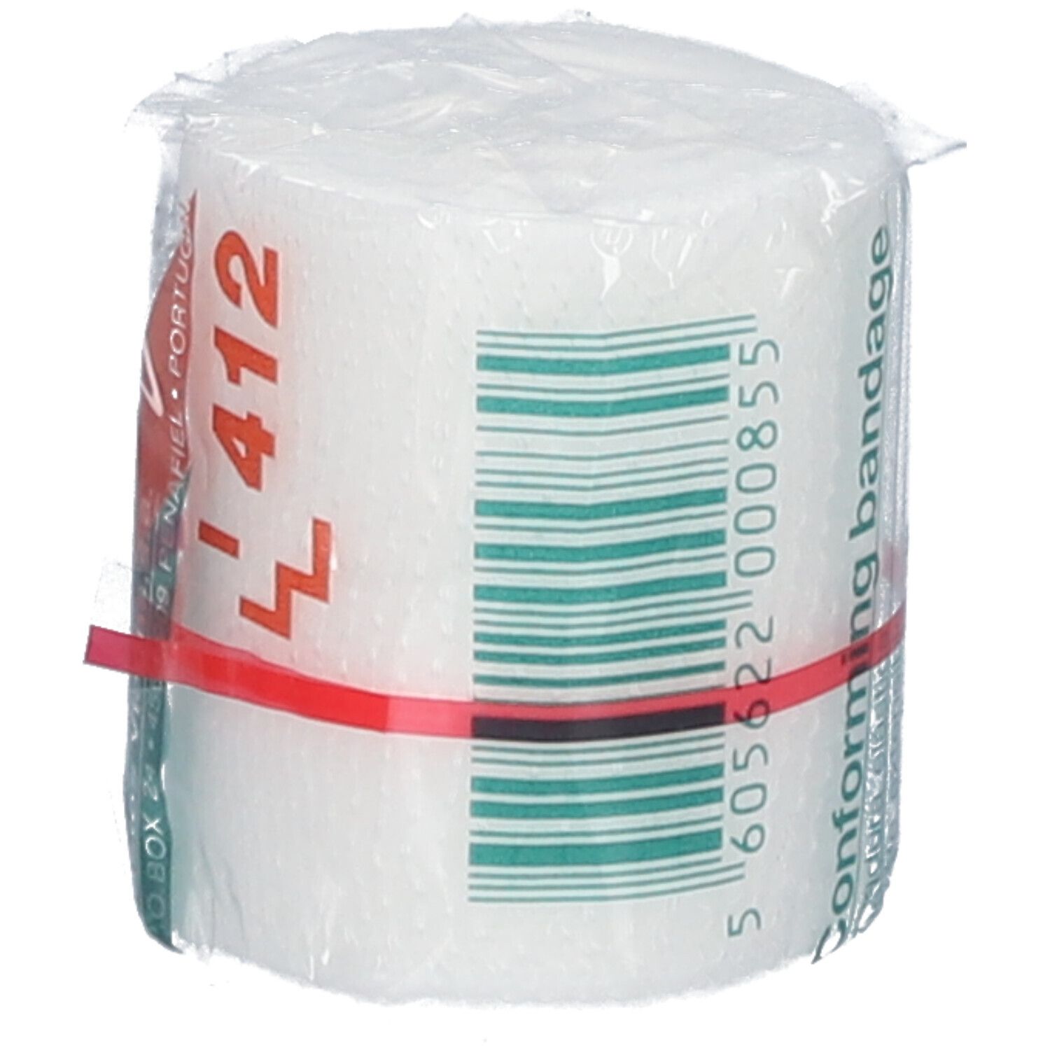 Elastisch fixatieverband, 4 cm breed, verpakt. Rode ring. Barcode en opdruk: Conforming bandage.