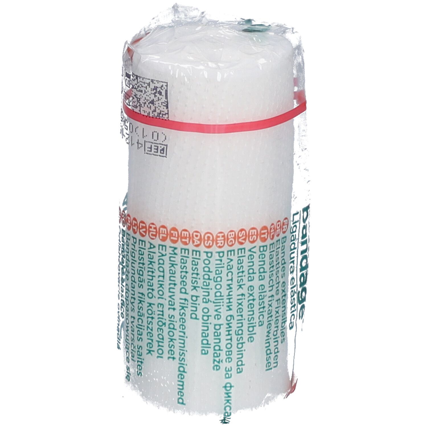 Bande de fixation élastique blanche, roulée dans du film plastique. Inscription : Conforming bandage.