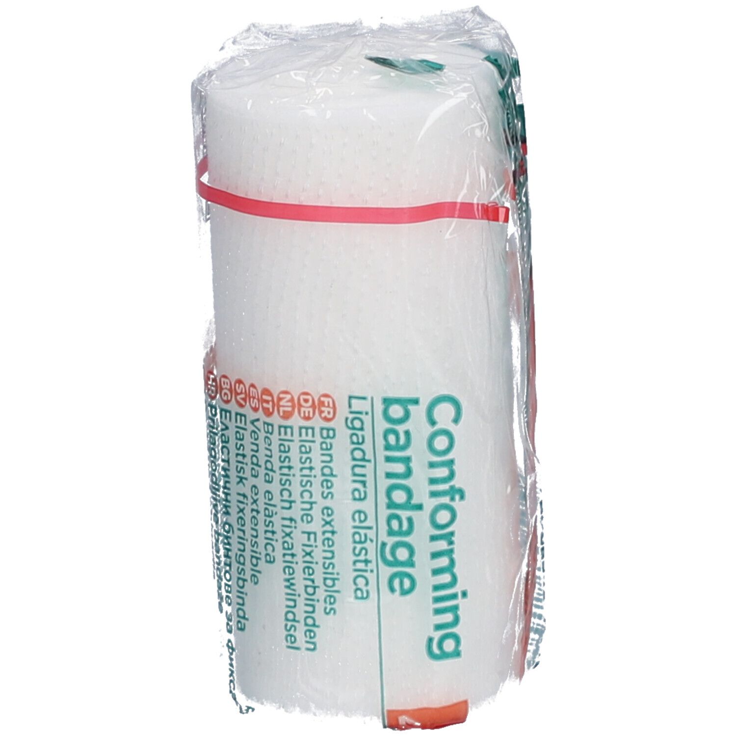 Bande de fixation élastique blanche, roulée dans du film plastique. Inscription : Conforming bandage.