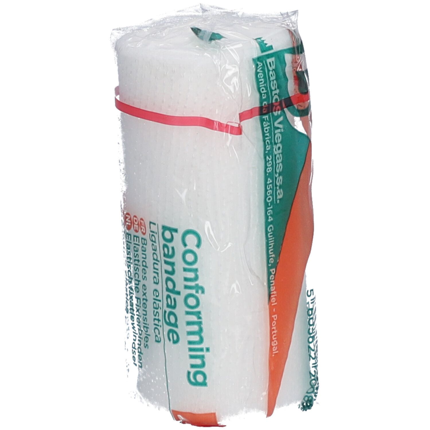 Bande de fixation élastique blanche, roulée dans du film plastique. Inscription : Conforming bandage.
