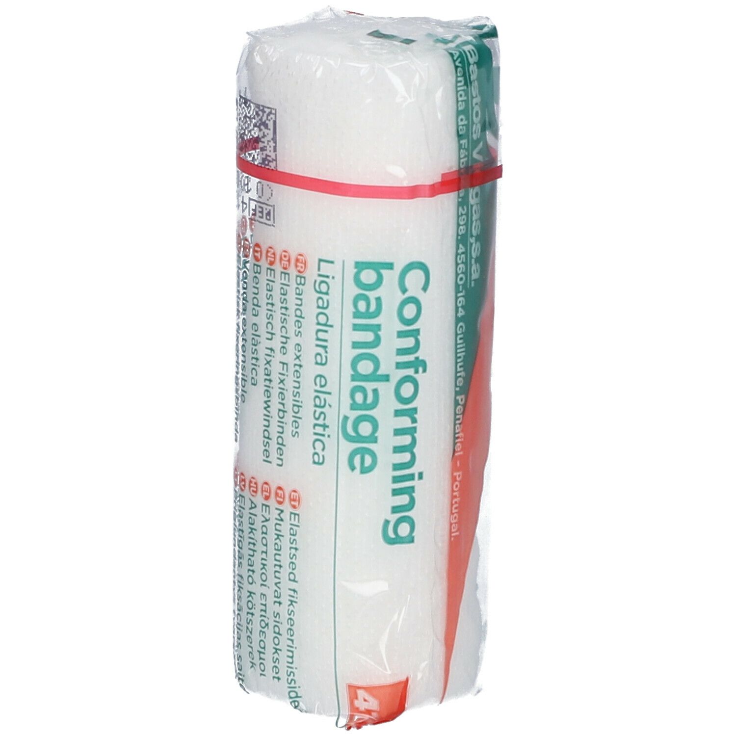 Bande de fixation élastique emballée. Inscription: Conforming bandage, Ligadura elástica.