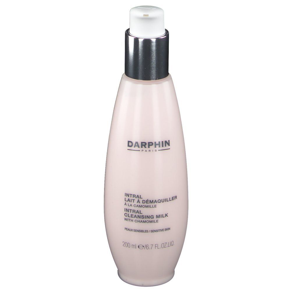Roze fles met witte pomp. Opschrift: DARPHIN, Intral Lait à Démaquiller, Intral Cleansing Milk with Chamomile.