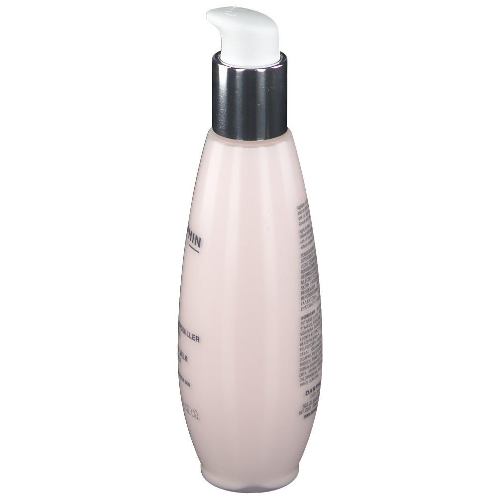 Roze fles met witte pomp. Opschrift: DARPHIN, productinformatie. Zijaanzicht.