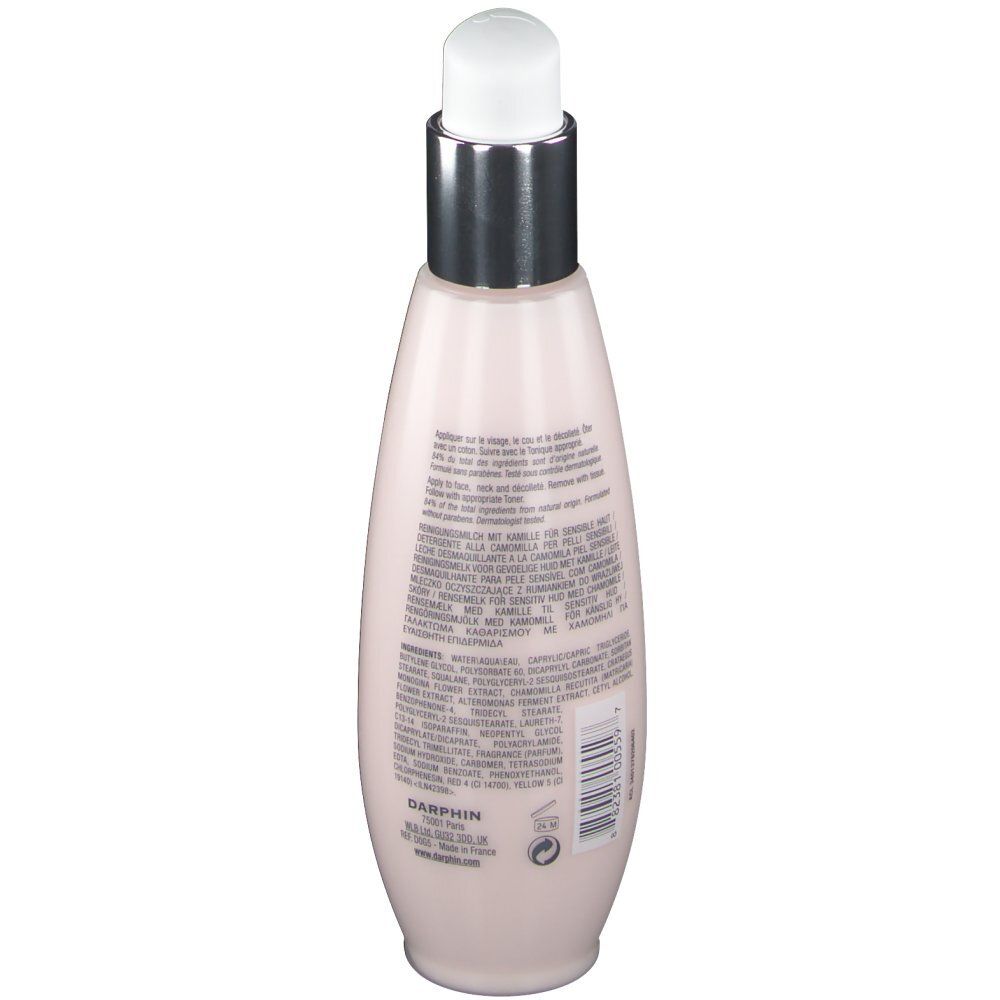 Roze fles met witte pomp. Opschrift: DARPHIN, productinformatie. Achteraanzicht.