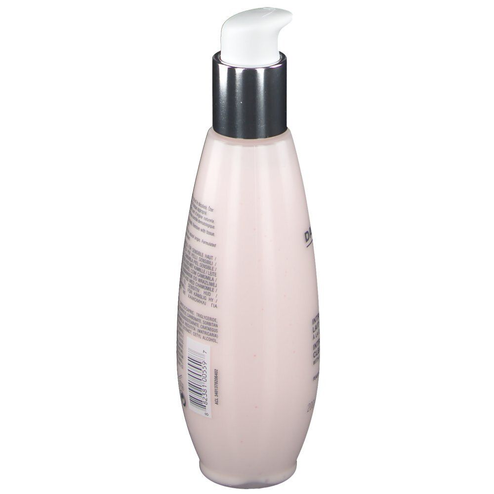 Roze fles met witte pomp. Opschrift: DARPHIN, productinformatie. Zijaanzicht.
