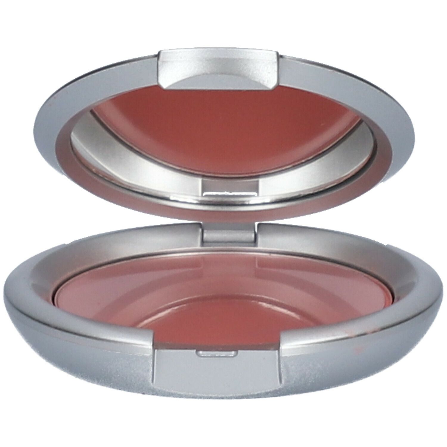 Boîtier rond argenté ouvert, poudre rose. Miroir intégré.