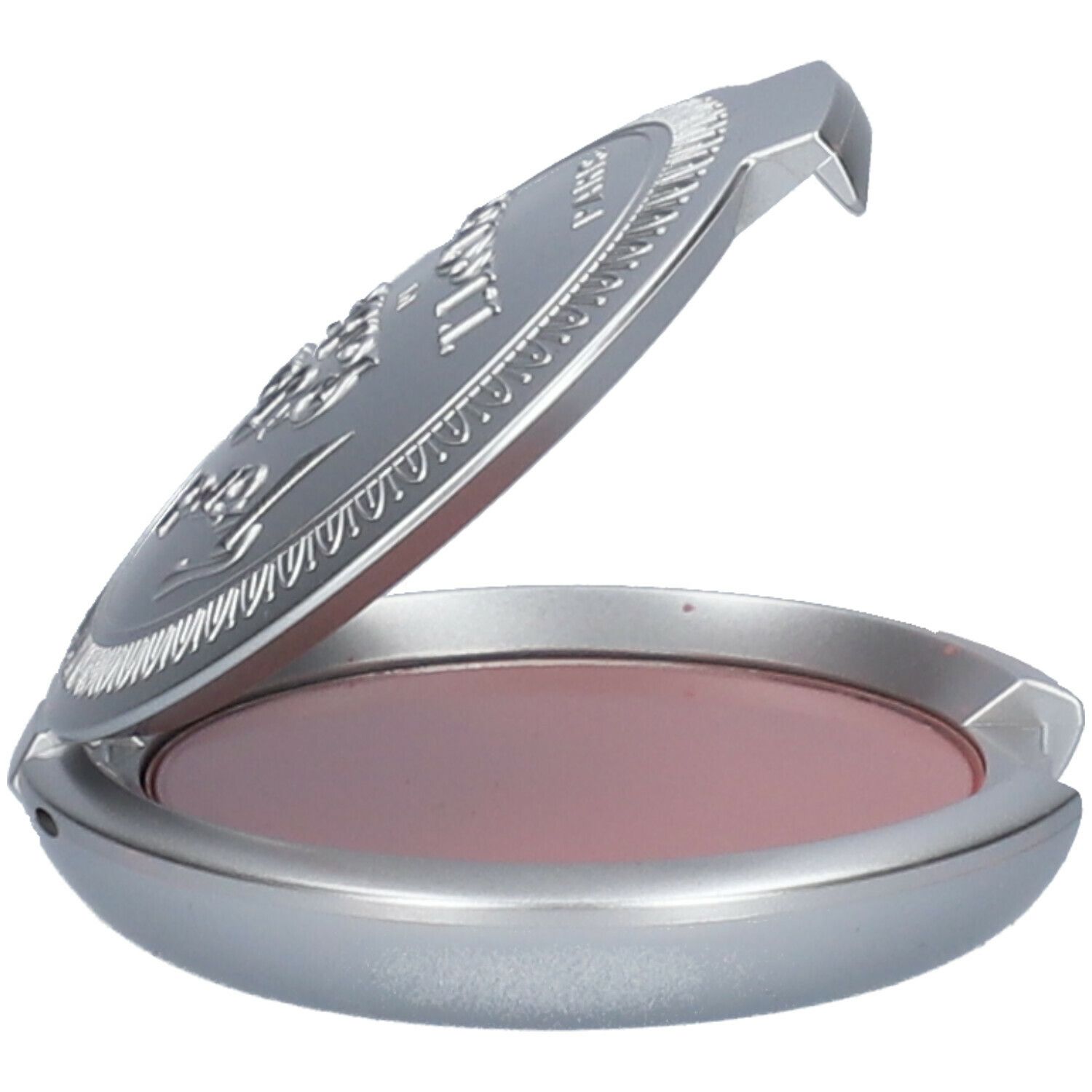 Boîtier argenté ouvert, poudre rose. Couvercle gravé.