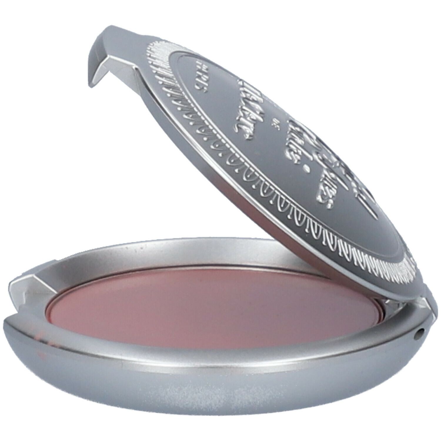 Boîtier argenté ouvert, poudre rose. Couvercle gravé.
