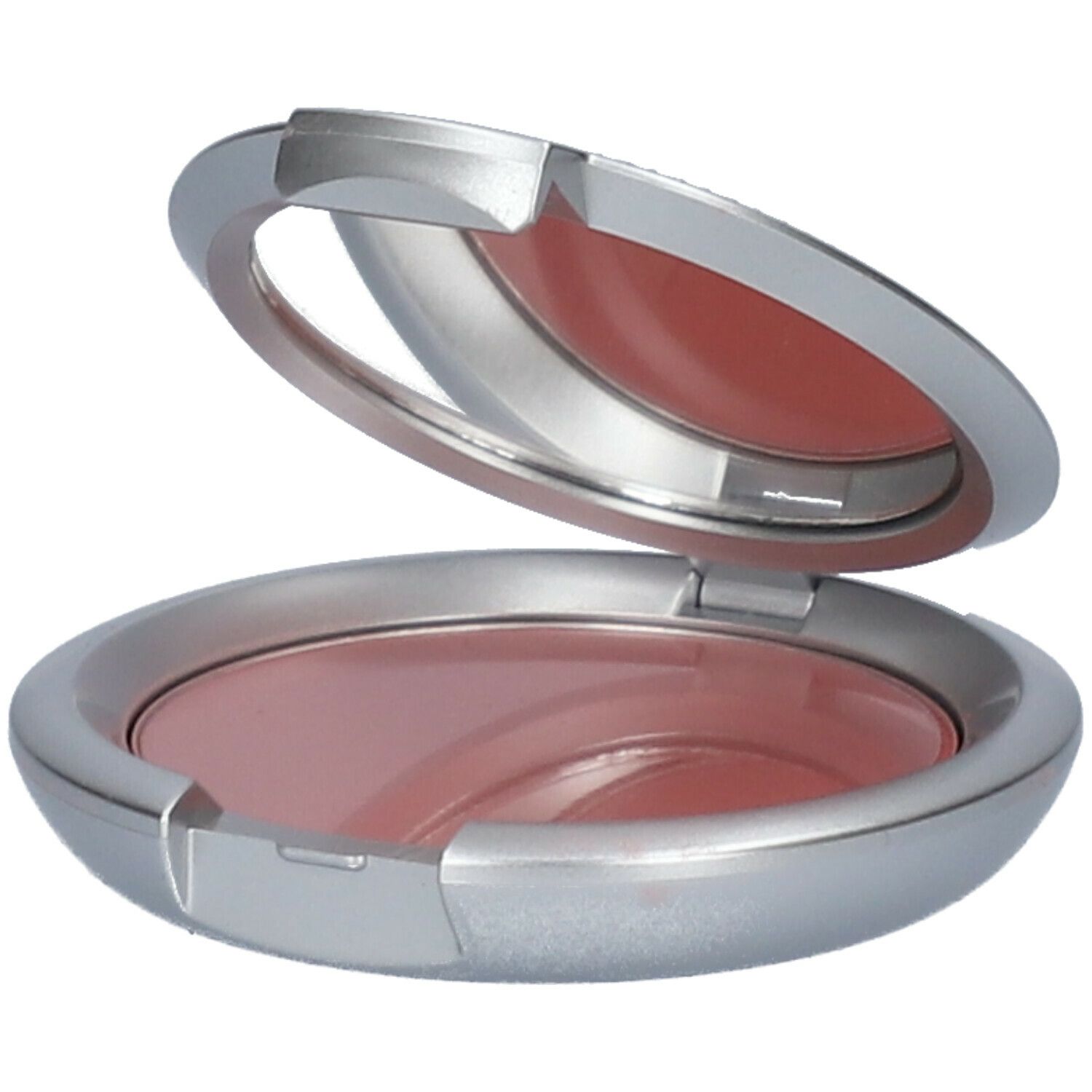 Boîtier rond argenté ouvert, poudre rose. Miroir intégré.