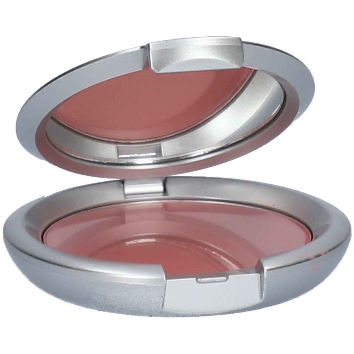 Boîtier rond argenté ouvert, poudre rose. Miroir intégré.