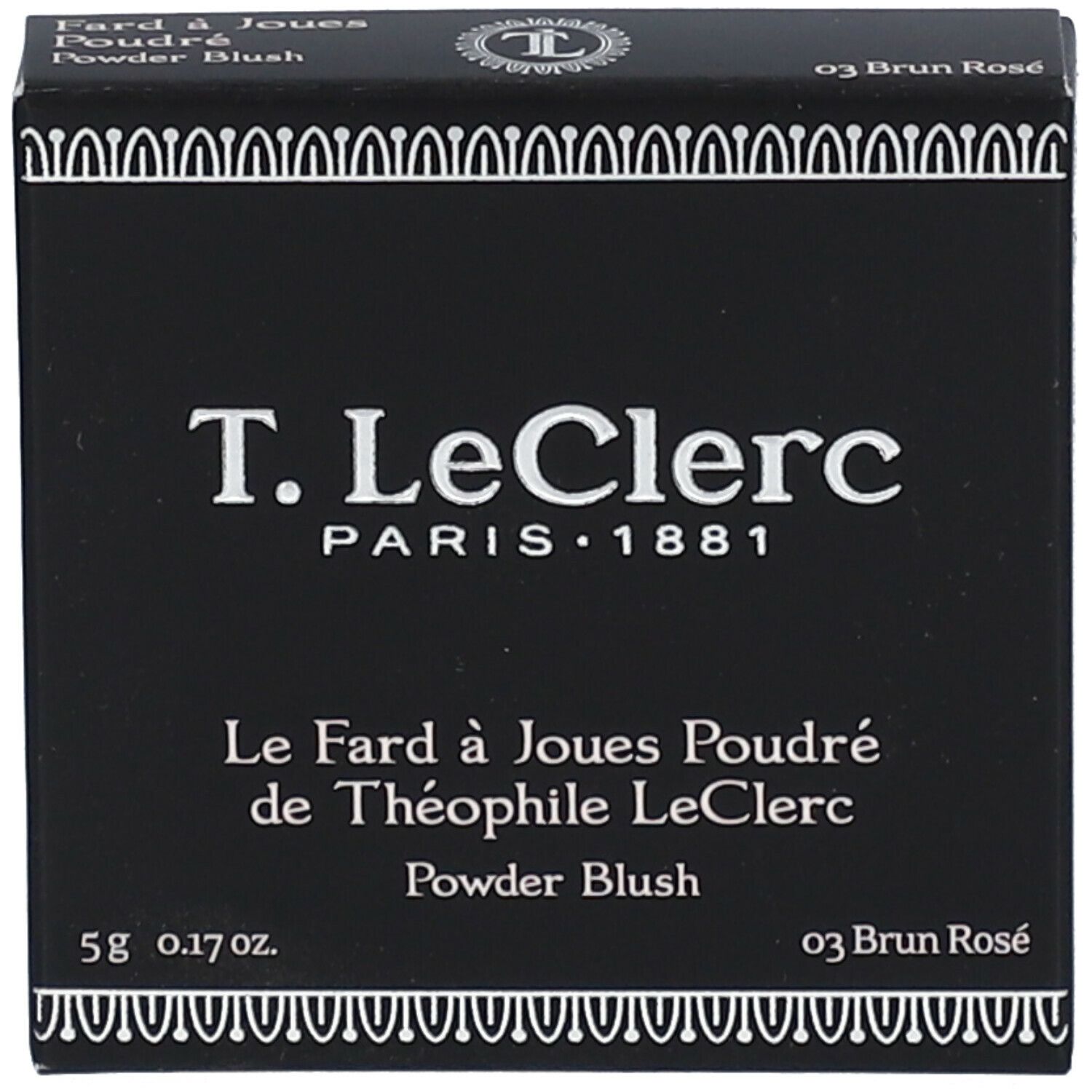 Boîte noire avec texte blanc: T. LeClerc, Le Fard à Joues Poudré, 03 Brun Rosé.