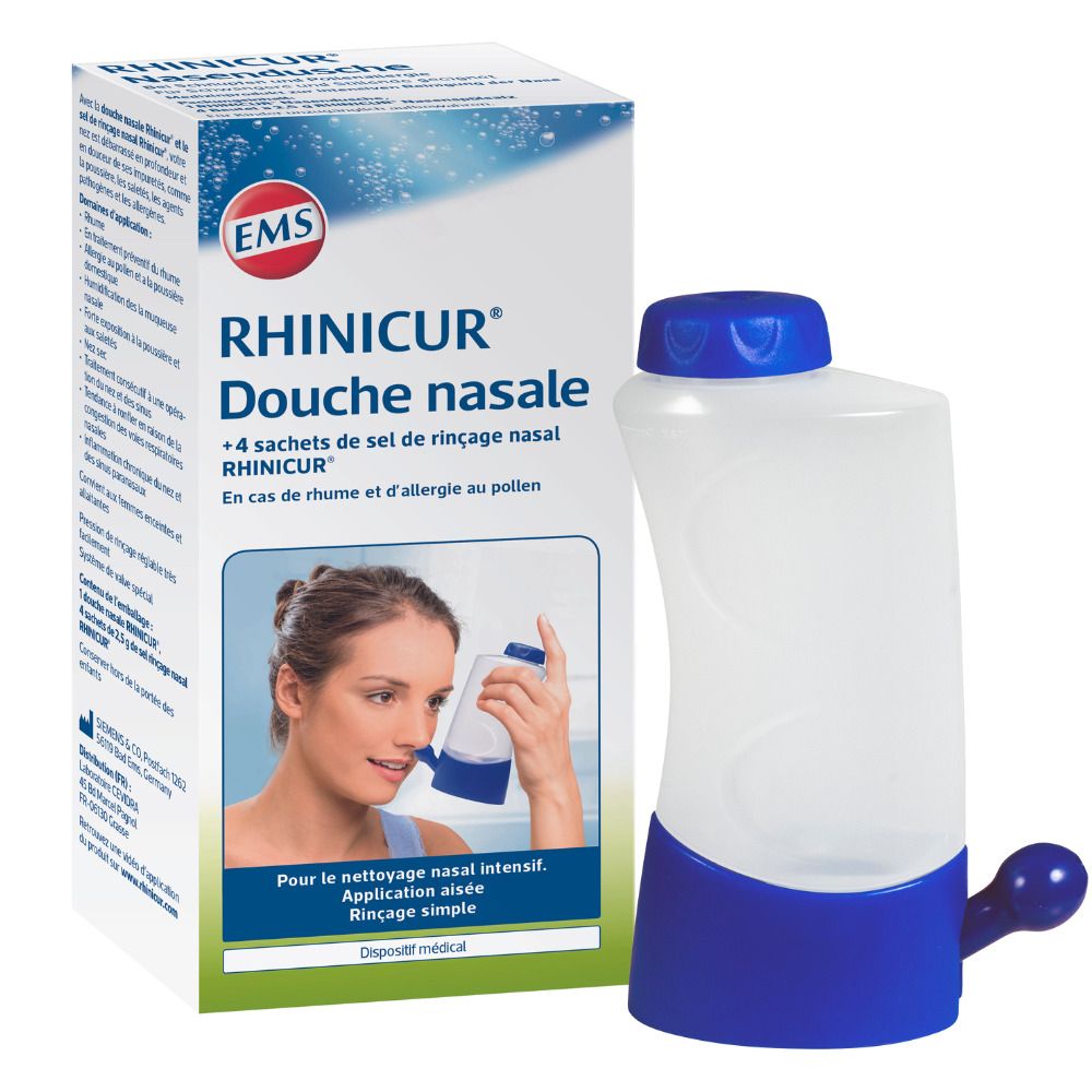 Boîte Rhinicur Douche nasale et douche nasale. Contient +4 sachets de sel de rinçage nasal.