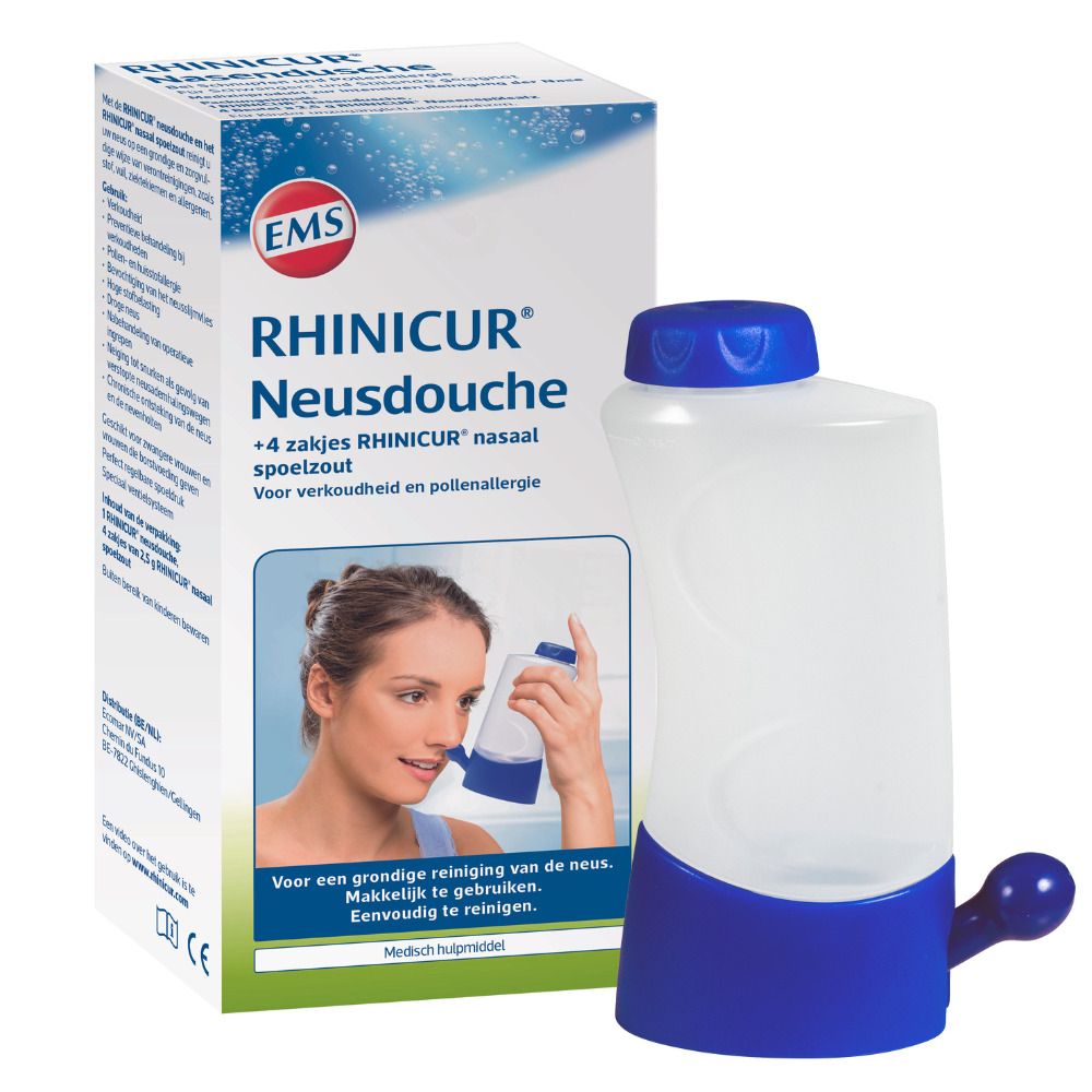 Verpakking Rhinicur Neusdouche en neusdouche. Bevat +4 zakjes neusspoelzout.