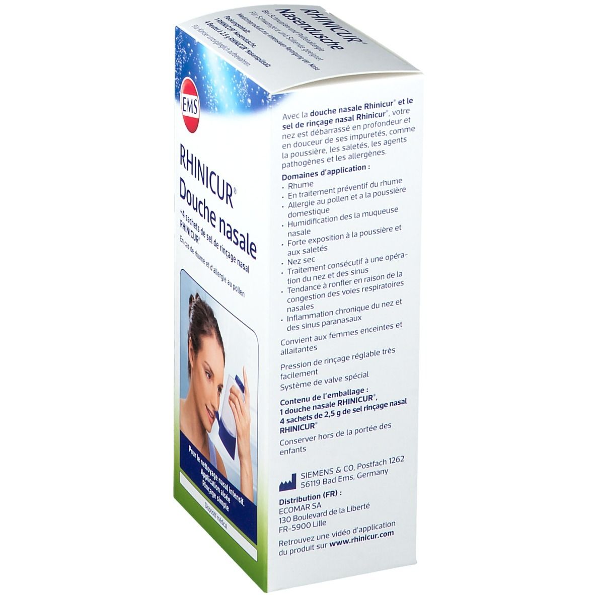 Boîte Rhinicur Douche nasale, texte en allemand et français. Informations sur l'utilisation et les indications.