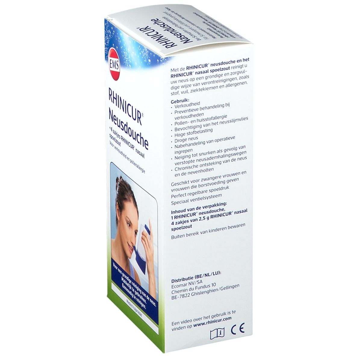 Boîte Rhinicur Neusdouche, texte en néerlandais. Informations sur l'utilisation et les indications.