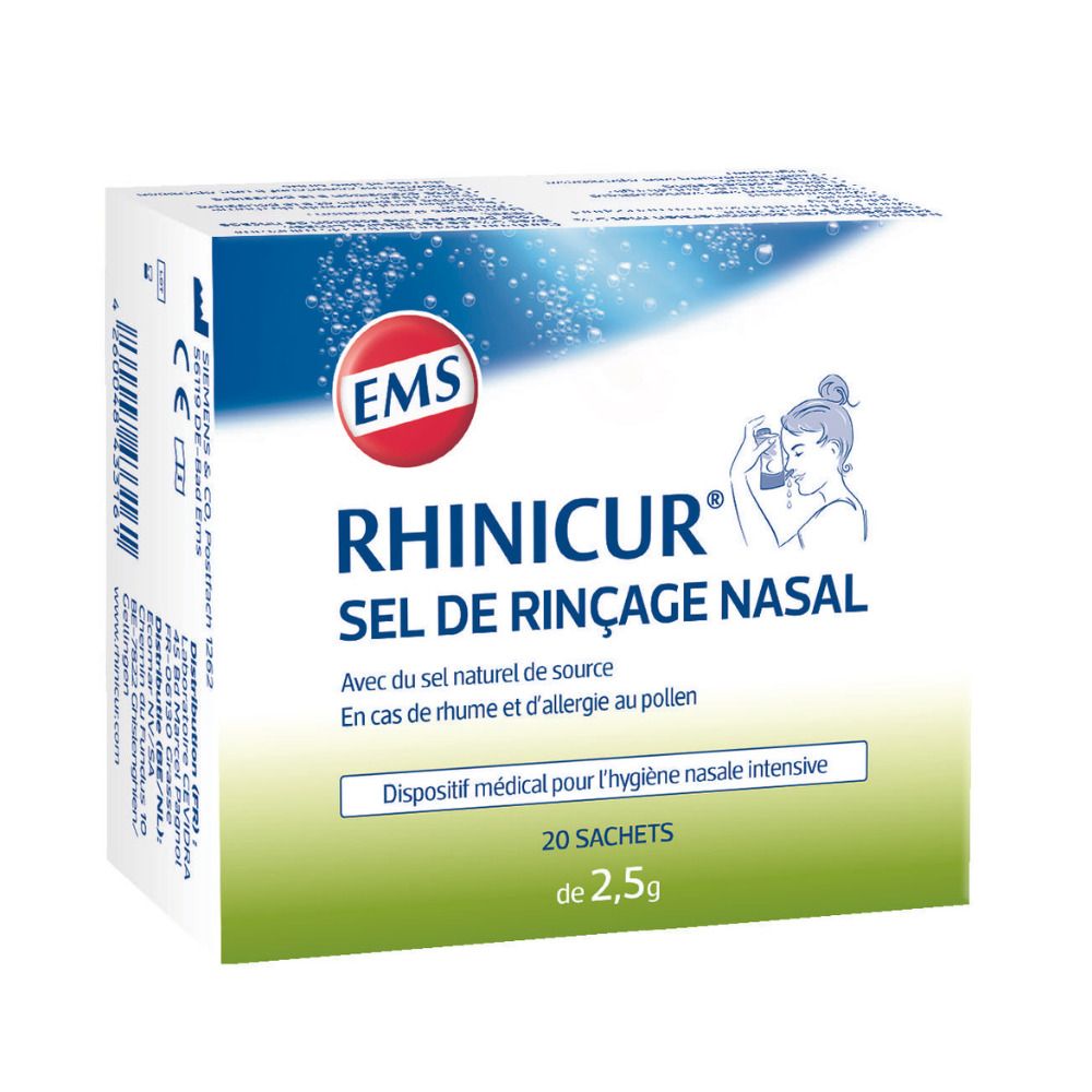 Boîte de Rhinicur Sel de Rinçage Nasal. 20 sachets de 2,5g. Dispositif médical pour hygiène nasale. Logo EMS.