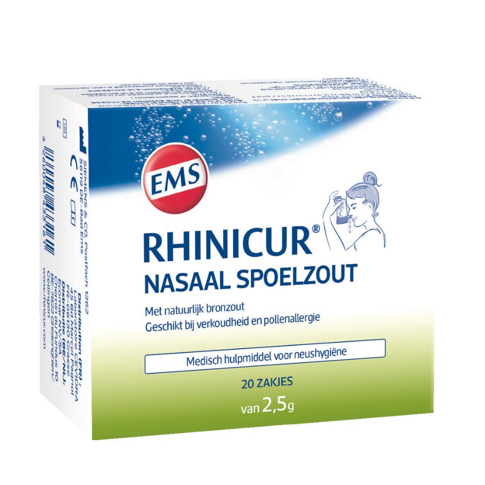 Doos Rhinicur Nasaal Spoelzout. 20 zakjes van 2,5g. Medisch hulpmiddel voor neushygiëne. EMS logo.