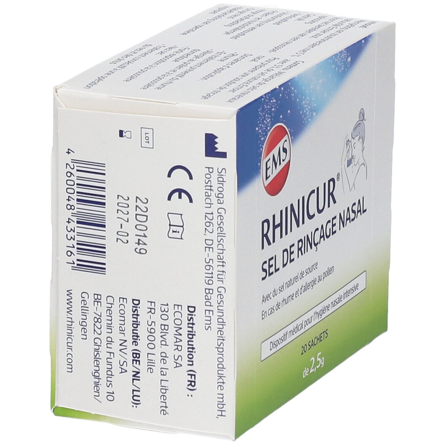 Schuine weergave van de Rhinicur-verpakking. Tekst: Rhinicur Sel de Rinçage Nasal. 20 zakjes. CE-markering.