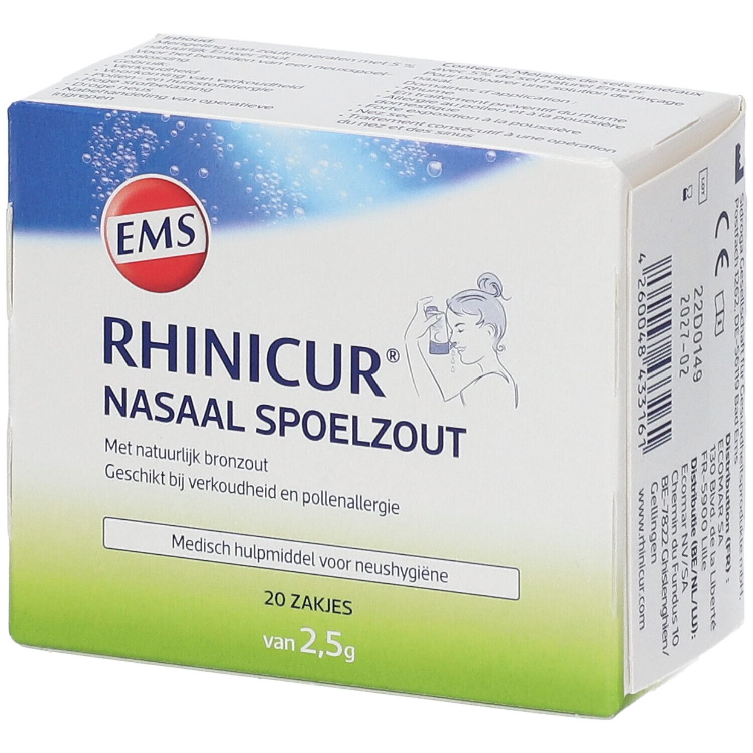 Doos Rhinicur Nasaal Spoelzout. 20 zakjes van 2,5g. Medisch hulpmiddel voor neushygiëne. EMS logo.
