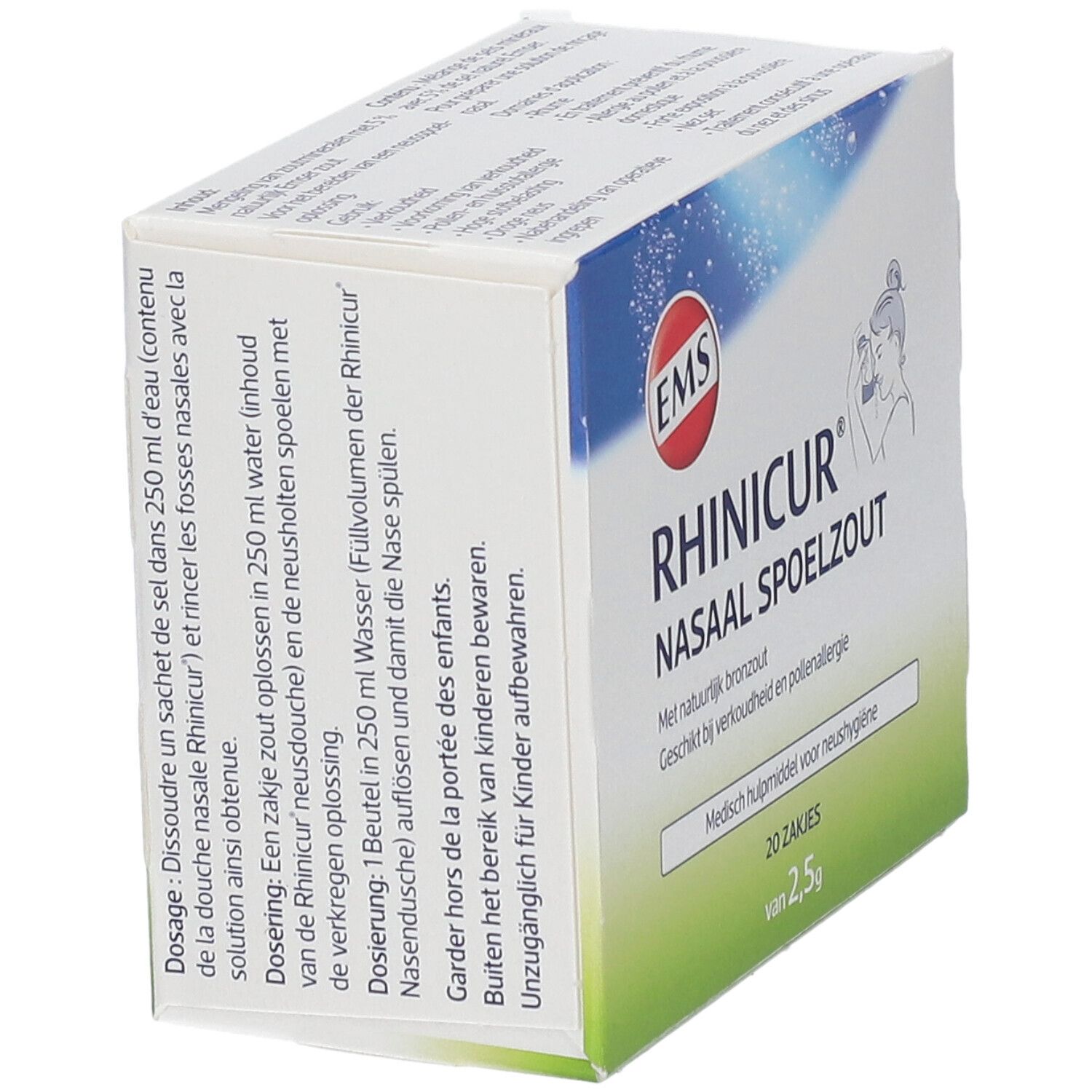 Schuine weergave van de Rhinicur-verpakking. Tekst: Rhinicur Nasaal Spoelzout. 20 zakjes. Gebruiksaanwijzing.