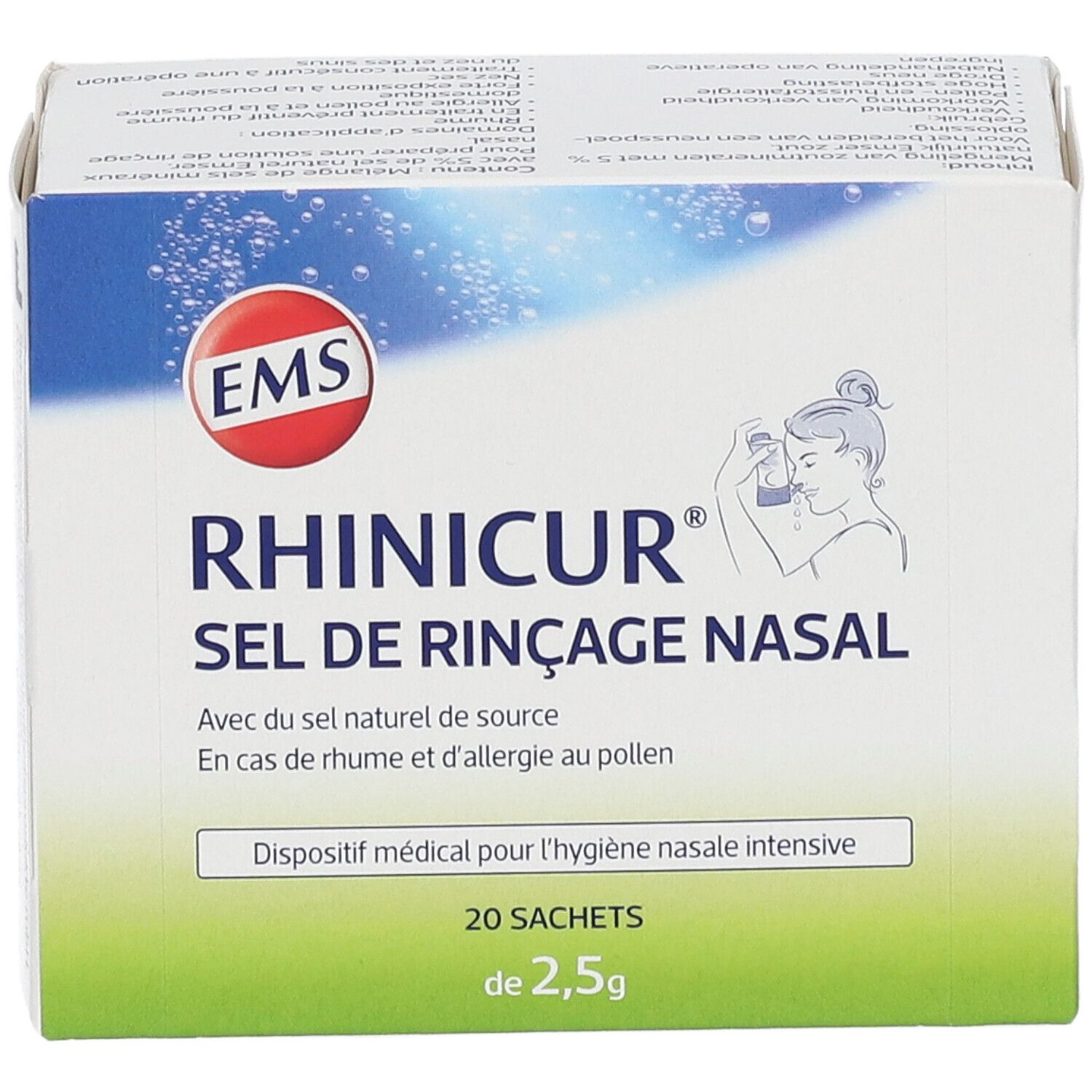 Doos Rhinicur Sel de Rinçage Nasal. 20 zakjes van 2,5g. Medisch hulpmiddel voor neushygiëne. EMS logo.