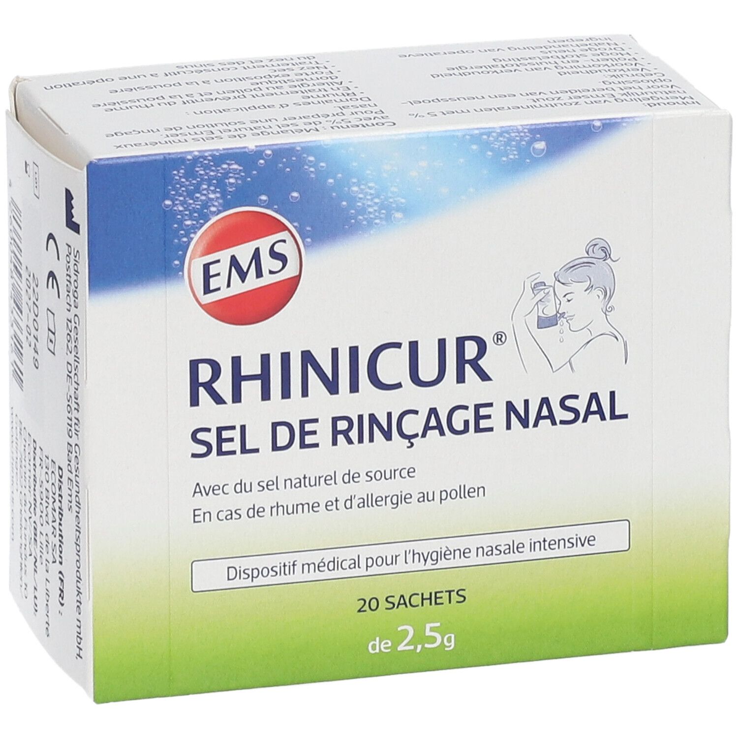Doos Rhinicur Sel de Rinçage Nasal. 20 zakjes van 2,5g. Medisch hulpmiddel voor neushygiëne. EMS logo.
