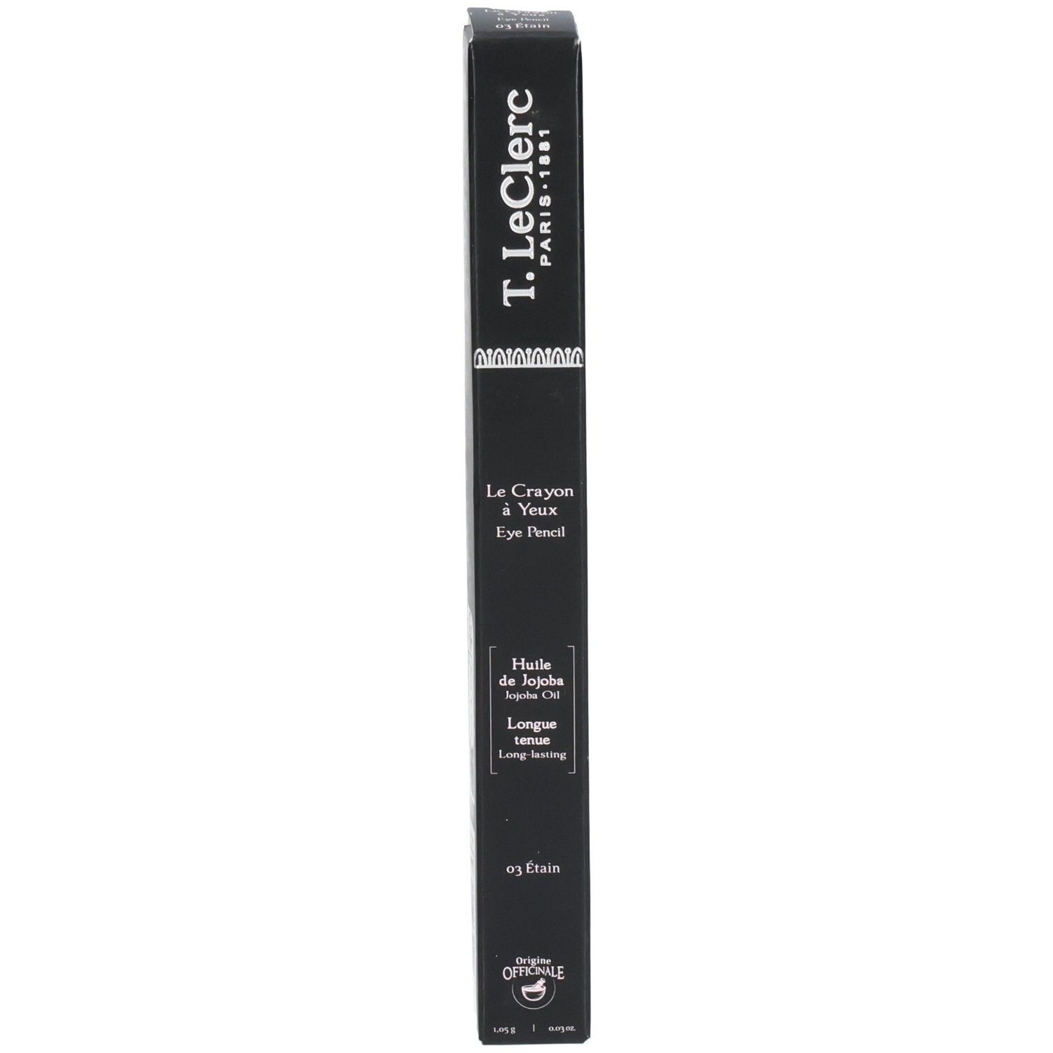 Schwarzer T.LeClerc Eye Pencil in länglicher Verpackung. Text: Le Crayon à Yeux, Eye Pencil, Huile de Jojoba, Longue tenue.
