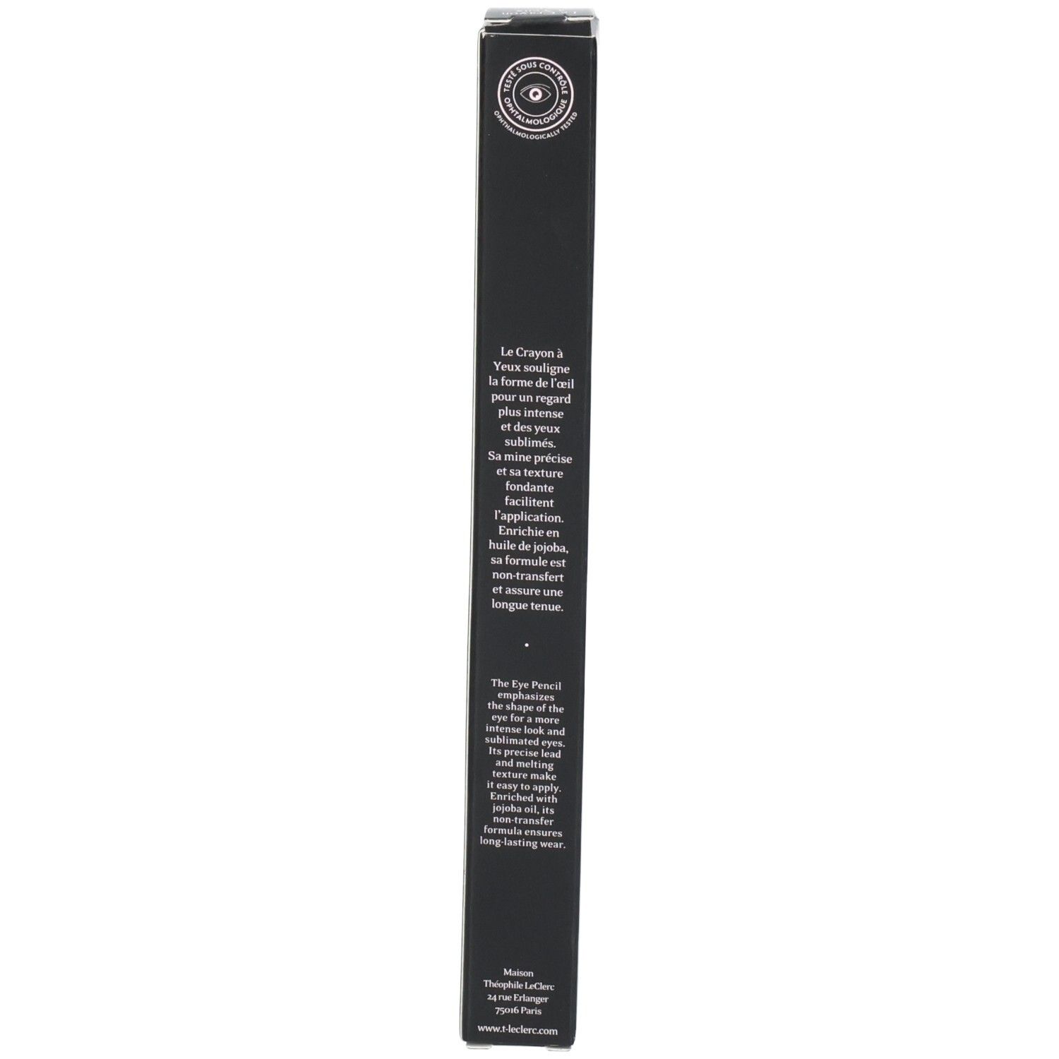 Schwarze Verpackung des T.LeClerc Eye Pencil. Text: Le Crayon à Yeux, The Eye Pencil, Longue tenue. Logo: Officine. Website.