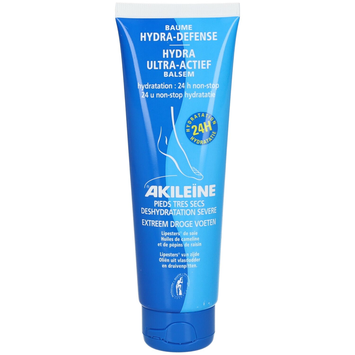 Blauwe tube met witte dop. Opschrift: Akileine, Hydra-Defense, balsem voor droge voeten. 24u hydratatie.