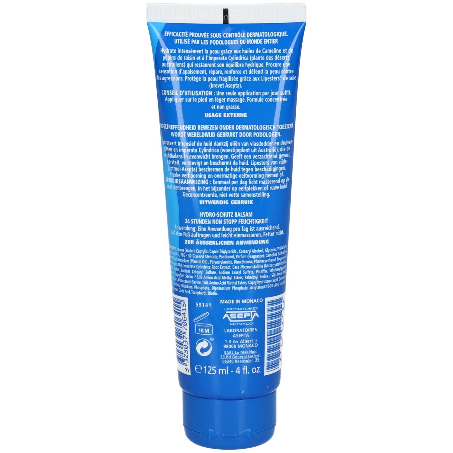 Achterkant van de blauwe tube. Meertalige tekst. Bevat informatie over gebruik en ingrediënten. 125 ml.