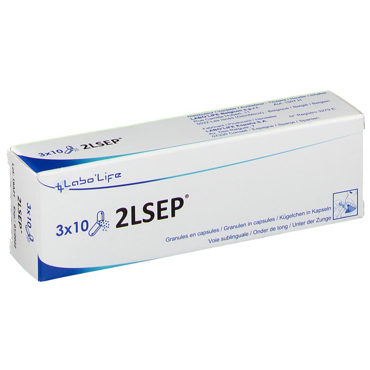 Boîte blanche, coin bleu. Inscription: 3x10 2LSEP, logo Labo'Life. Texte: Granules en capsules, Voie sublinguale.
