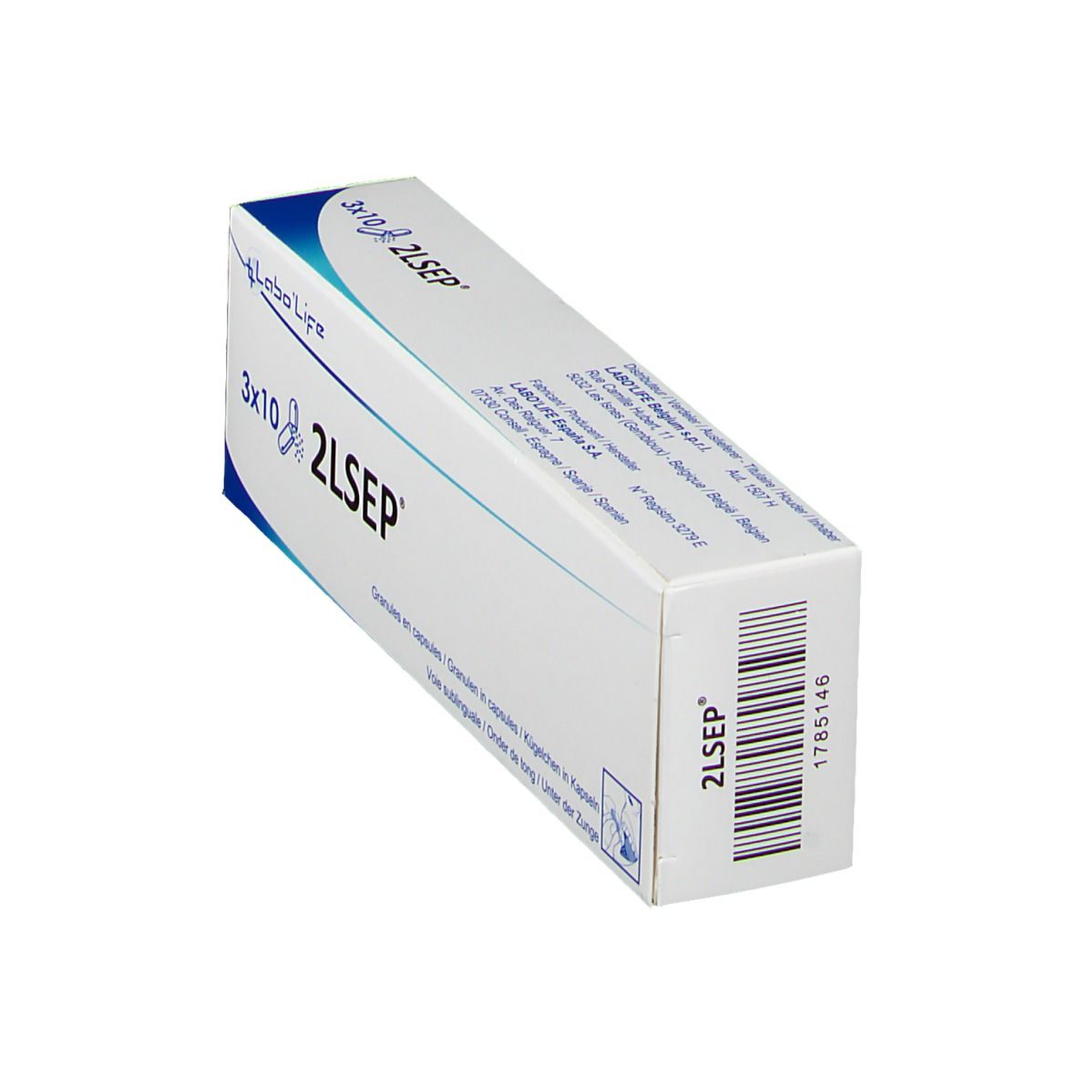 Boîte blanche inclinée, coin bleu. Inscription: 3x10 2LSEP, code-barres et 2LSEP.