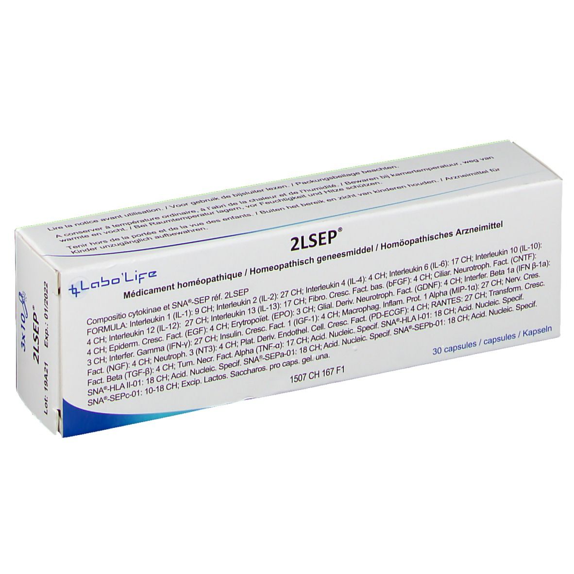 Boîte blanche avec texte. Inscription: 2LSEP, logo Labo'Life. Texte: Médicament homéopathique, 30 capsules.