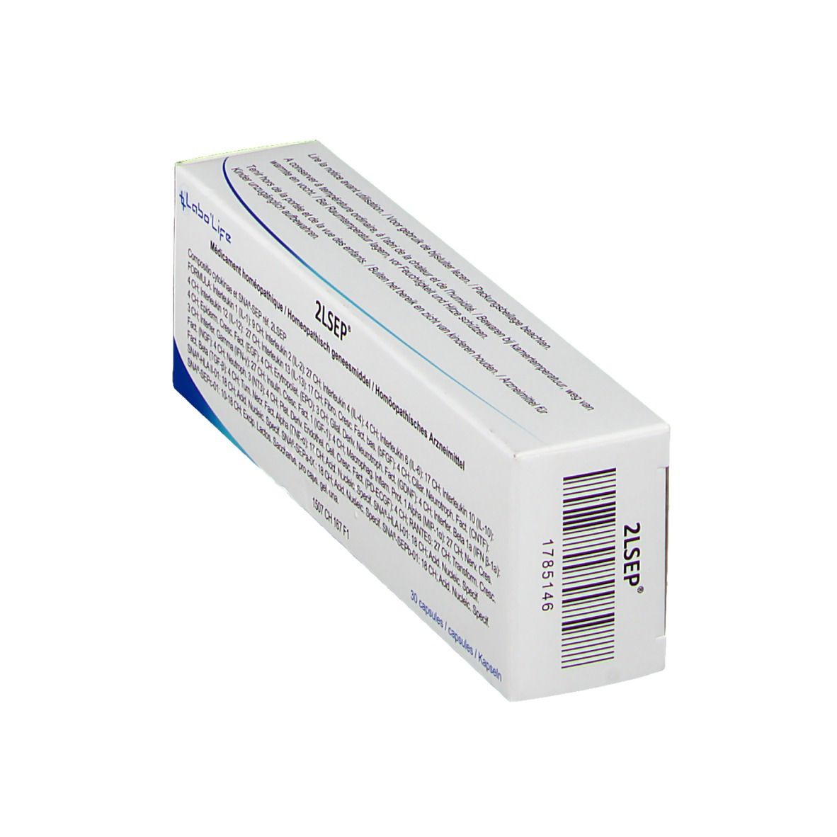 Boîte blanche inclinée avec texte. Inscription: 2LSEP, code-barres. Texte: 30 capsules.