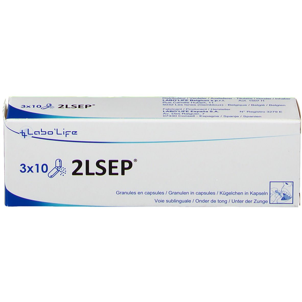Boîte blanche, coin bleu. Inscription: 3x10 2LSEP, logo Labo'Life. Texte: Granules en capsules, Voie sublinguale.