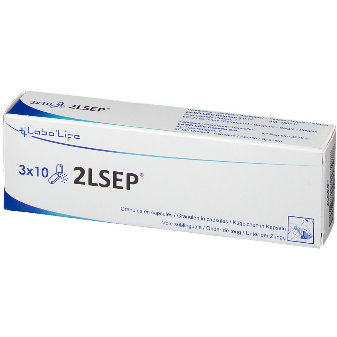Boîte blanche, coin bleu. Inscription: 3x10 2LSEP, logo Labo'Life. Texte: Granules en capsules, Voie sublinguale.