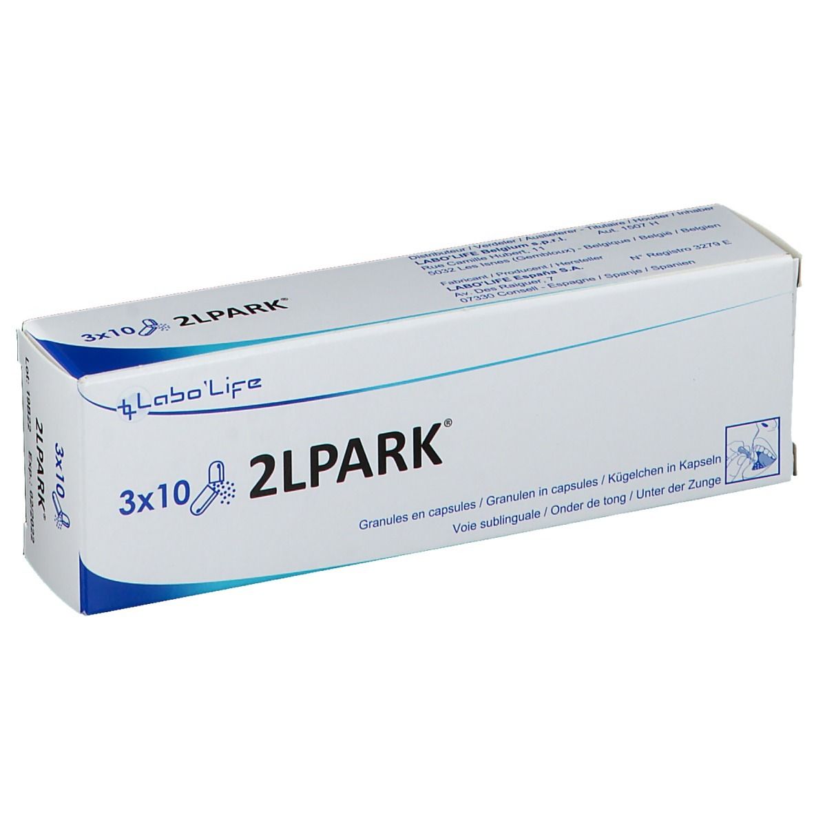 Witte doos met blauwe tekst. Opschrift: 3x10 2LPARK. Merk Labo'Life. Granules in capsules. Sublinguaal.