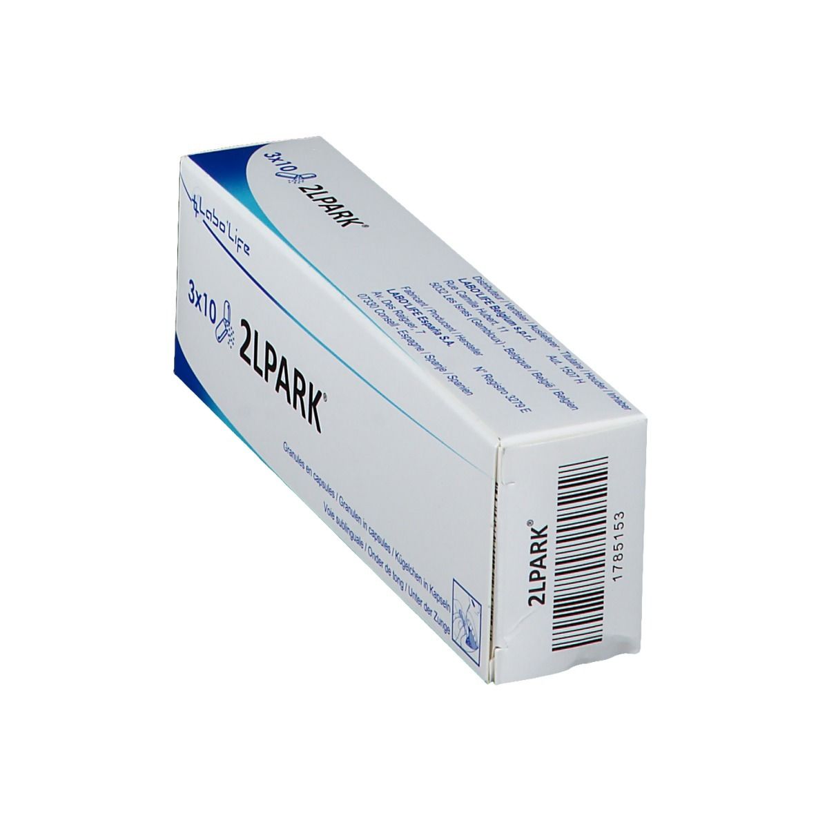 Doos 2LPARK, wit met blauwe tekst. Merk Labo'Life. Barcode en tekst op de zijkant. Granules in capsules.