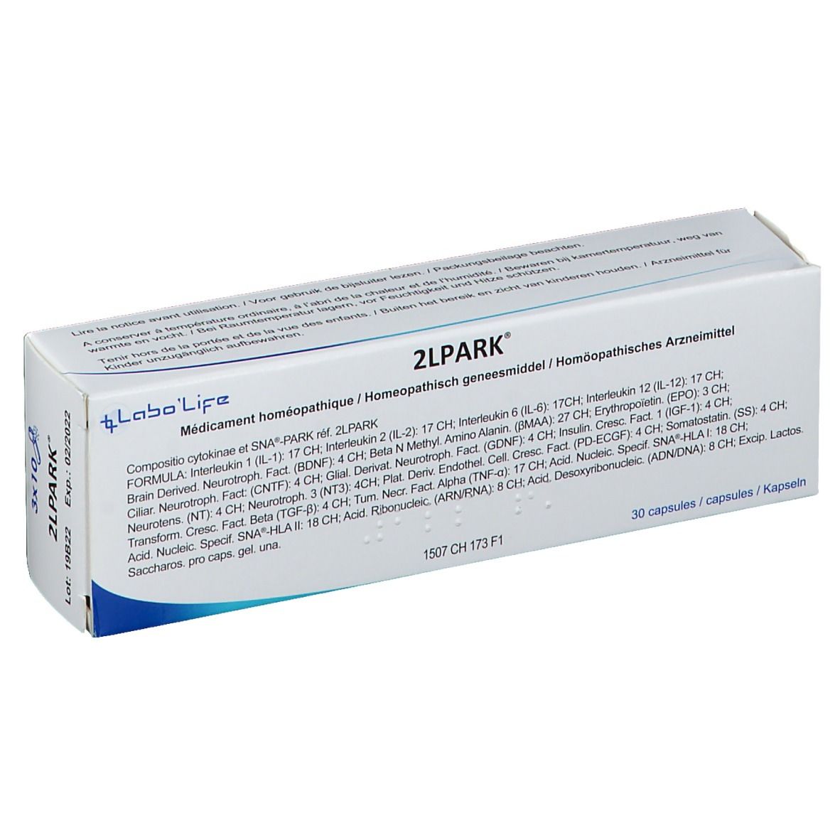Witte doos met tekst. Opschrift: 2LPARK. Merk Labo'Life. Homeopathisch geneesmiddel. 30 capsules. Ingrediënten.