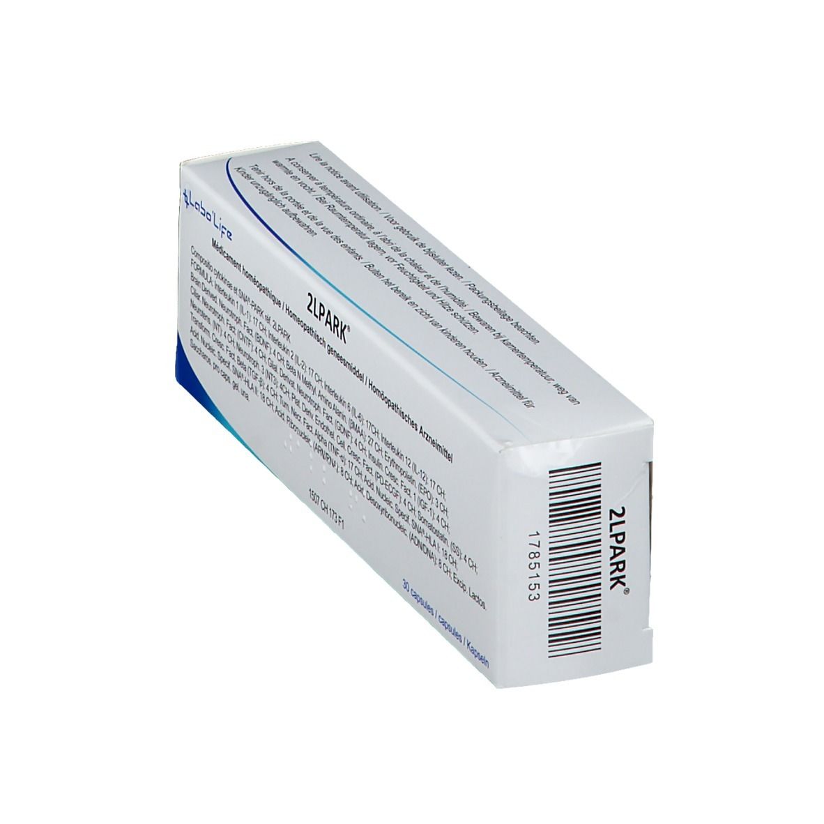 Doos 2LPARK, wit met tekst. Merk Labo'Life. Barcode en tekst op de zijkant. Homeopathisch geneesmiddel.