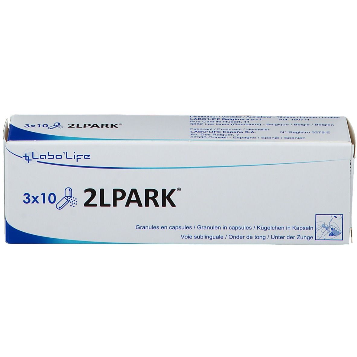 Witte doos met blauwe tekst. Opschrift: 3x10 2LPARK. Merk Labo'Life. Granules in capsules. Sublinguaal.