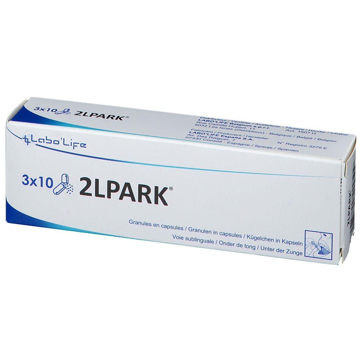 Witte doos met blauwe tekst. Opschrift: 3x10 2LPARK. Merk Labo'Life. Granules in capsules. Sublinguaal.