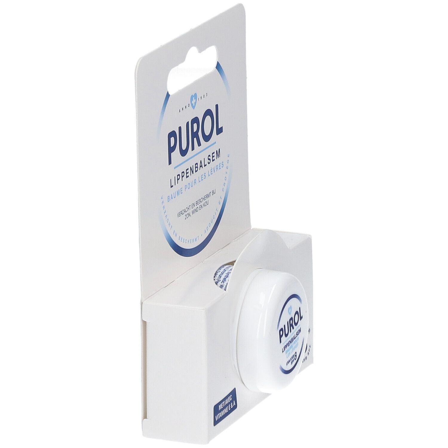 Balsamo per labbra PUROL in confezione bianca. Vista laterale. Confezione con gancio.