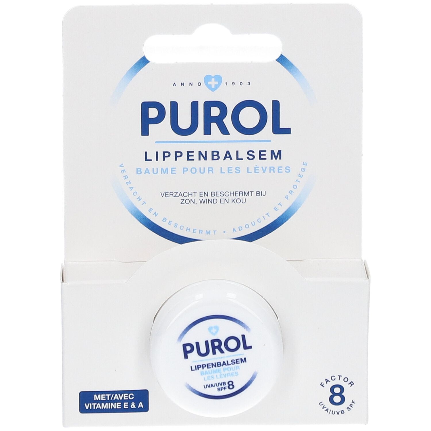 Vasetto bianco di balsamo per labbra PUROL in confezione bianca. Con SPF 8. Confezione con gancio.