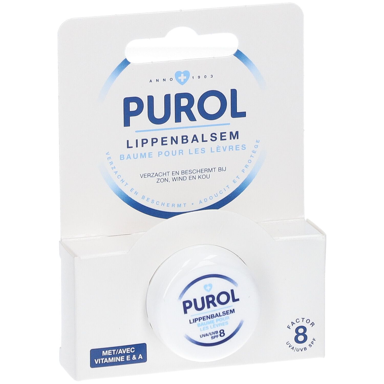 Vasetto bianco di balsamo per labbra PUROL in confezione bianca. Con SPF 8. Confezione con gancio.