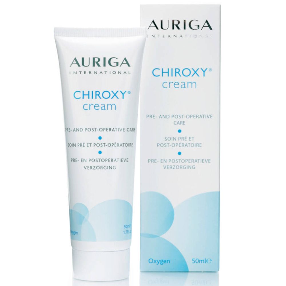 Tube et boîte de crème. Inscription CHIROXY® cream, AURIGA INTERNATIONAL. Texte en allemand, français, néerlandais. 50ml.