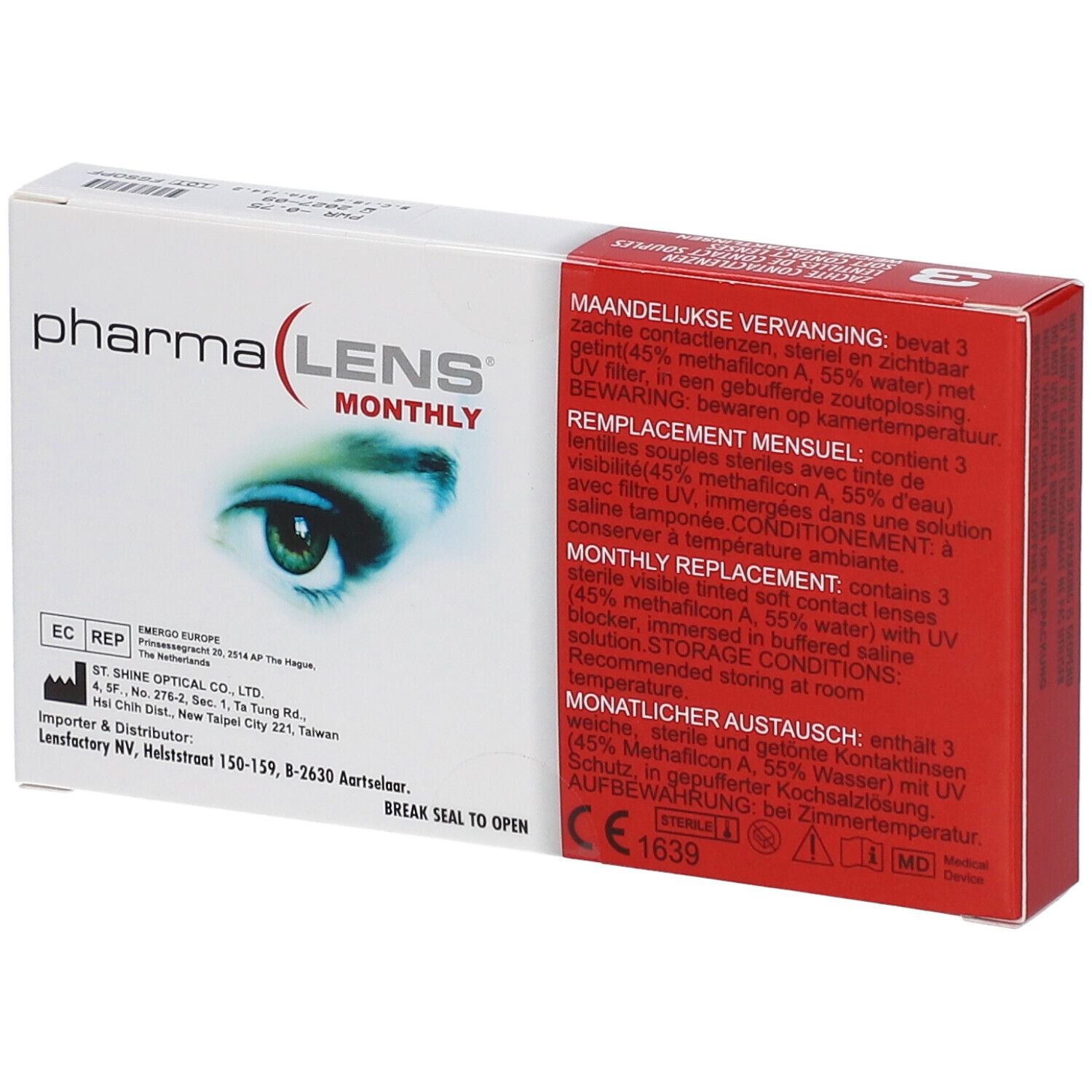 PharmaLens Monatslinsen-Verpackung. Weiße Schachtel mit rotem Streifen. Produktname, Augenabbildung und Text. Enthält 3 Kontaktlinsen. CE-Kennzeichnung.